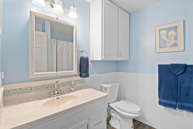311 Franklin St, Lake City, MN 55041 - full bathroom with wainscoting, vanity, toilet, and wood finished floors