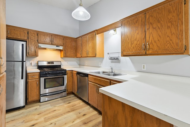 14737 Endicott Way, Apple Valley, MN 55124 - kitchen featuring appliances with stainless steel finishes, a sink, brown cabinets, under cabinet range hood, and light countertops