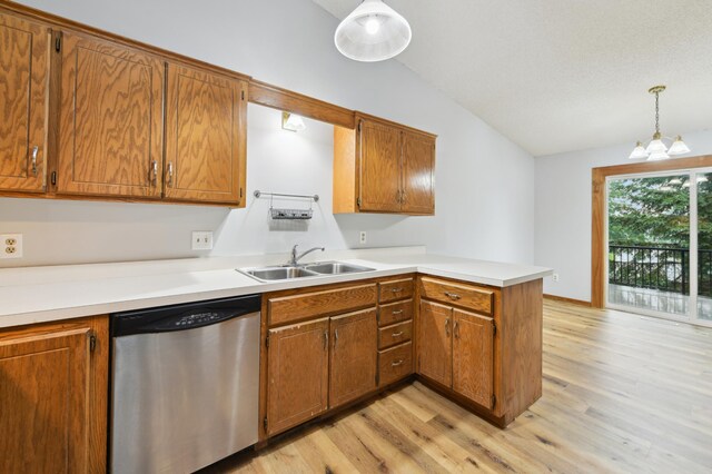 14737 Endicott Way, Apple Valley, MN 55124 - kitchen featuring dishwasher, a sink, lofted ceiling, a peninsula, and light wood-style flooring