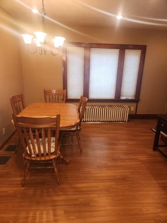 313 2nd St, Hills, MN 56138 - dining area featuring radiator heating unit, a chandelier, and wood finished floors