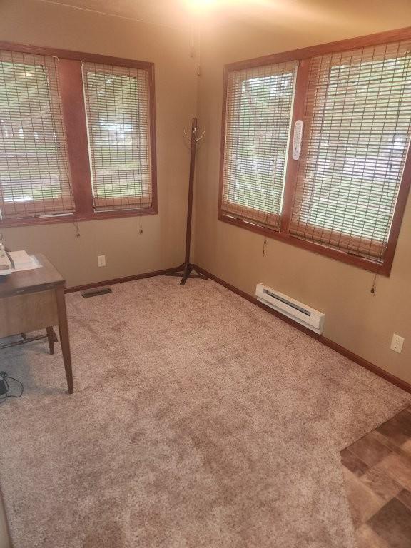 313 2nd St, Hills, MN 56138 - unfurnished office with a baseboard heating unit, baseboards, carpet, and plenty of natural light