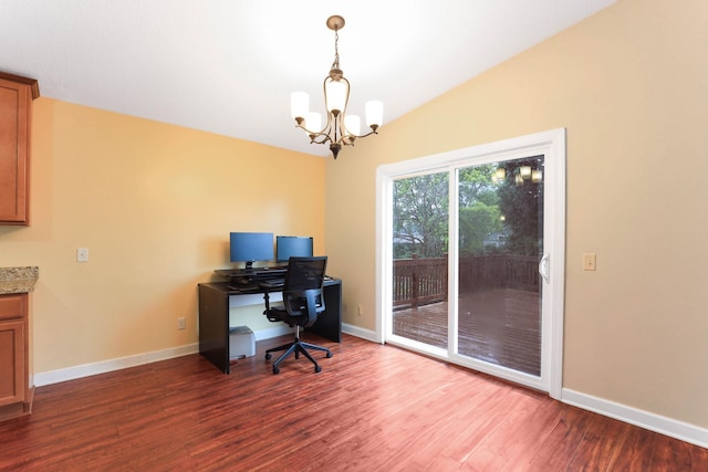 8317 Penn Ave N, Brooklyn Park, MN 55444 - home office with a chandelier, wood finished floors, baseboards, and vaulted ceiling