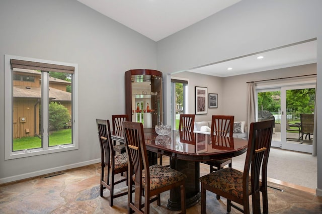 2367 Apache Ct, Mendota Heights, MN 55120 - dining room with stone finish flooring, high vaulted ceiling, and recessed lighting