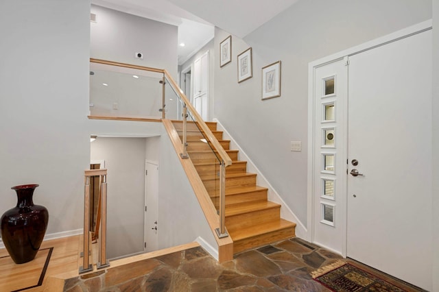 2367 Apache Ct, Mendota Heights, MN 55120 - foyer with stone finish flooring, stairs, and recessed lighting