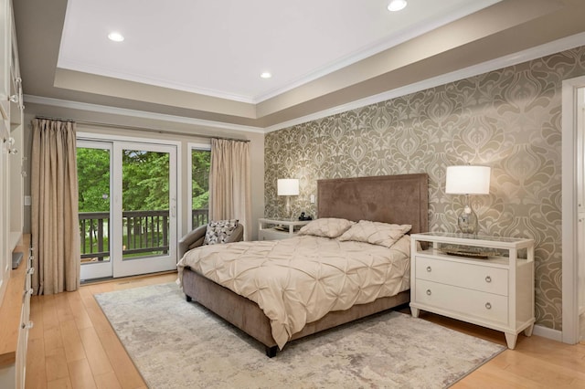 2367 Apache Ct, Mendota Heights, MN 55120 - bedroom with wallpapered walls, access to exterior, crown molding, light wood-style flooring, and recessed lighting