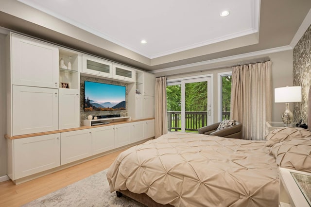 2367 Apache Ct, Mendota Heights, MN 55120 - bedroom with access to exterior, light wood-style flooring, ornamental molding, recessed lighting, and a tray ceiling
