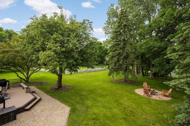2367 Apache Ct, Mendota Heights, MN 55120 - view of green lawn with an outdoor fire pit, a deck, and a patio area
