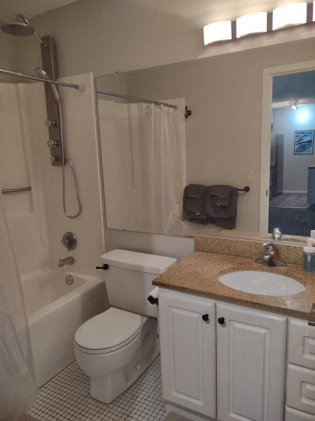 433 7th St Unit 1603, Minneapolis, MN 55415 - bathroom with vanity, shower / bathtub combination with curtain, and tile patterned floors