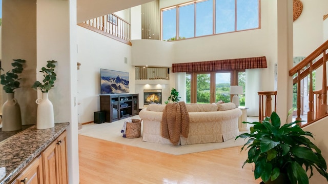 E5110 Interlachen Blvd, Pleasant Valley Twp, WI 54738 - living area featuring a towering ceiling, wood finished floors, and a glass covered fireplace