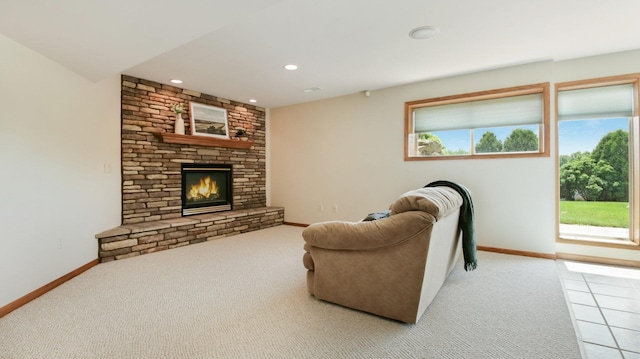 E5110 Interlachen Blvd, Pleasant Valley Twp, WI 54738 - living area featuring carpet flooring, baseboards, a brick fireplace, and recessed lighting