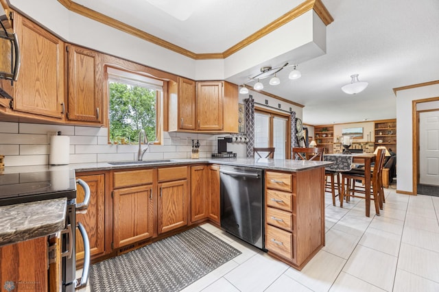 5701 33rd St S, Fargo, ND 58104 - kitchen featuring dishwasher, a sink, a peninsula, ornamental molding, and electric stove