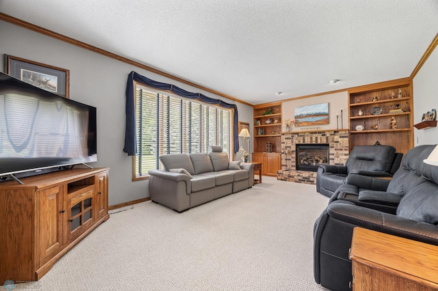 5701 33rd St S, Fargo, ND 58104 - living room with ornamental molding, light colored carpet, a textured ceiling, a fireplace, and baseboards