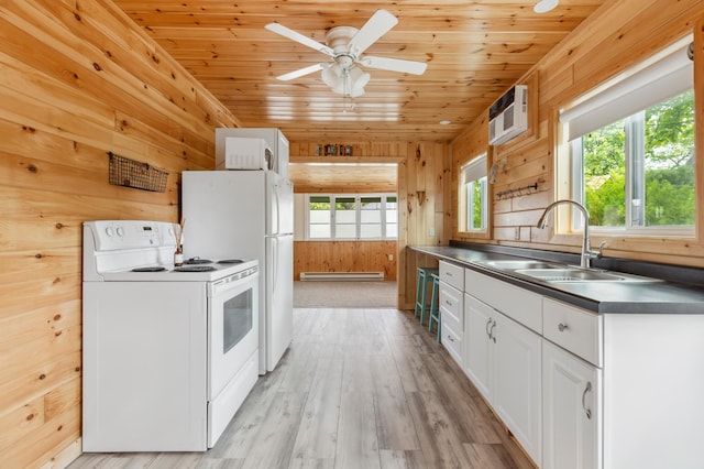 30203 Circle Dr, Breezy Point, MN 56472 - kitchen featuring white appliances, a sink, a baseboard radiator, wooden ceiling, and white cabinetry