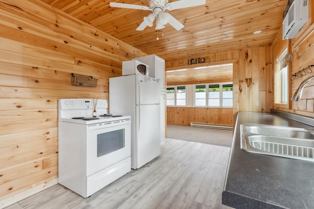 30203 Circle Dr, Breezy Point, MN 56472 - kitchen with white appliances, a sink, a baseboard heating unit, wooden ceiling, and wooden walls