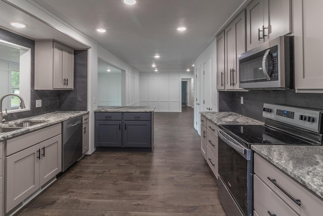 1020 1st St S, Cold Spring, MN 56320 - kitchen with appliances with stainless steel finishes, a sink, dark wood-type flooring, tasteful backsplash, and recessed lighting