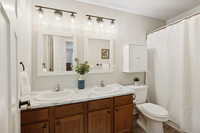 13362 Jefferson St, Becker, MN 55308 - full bathroom featuring double vanity, toilet, and a shower with curtain