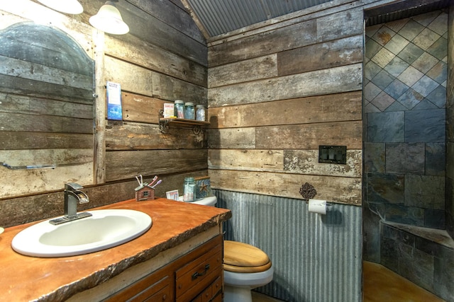 19214 County Road 12, Irondale Twp, MN 56455 - bathroom featuring toilet, wood walls, and vanity