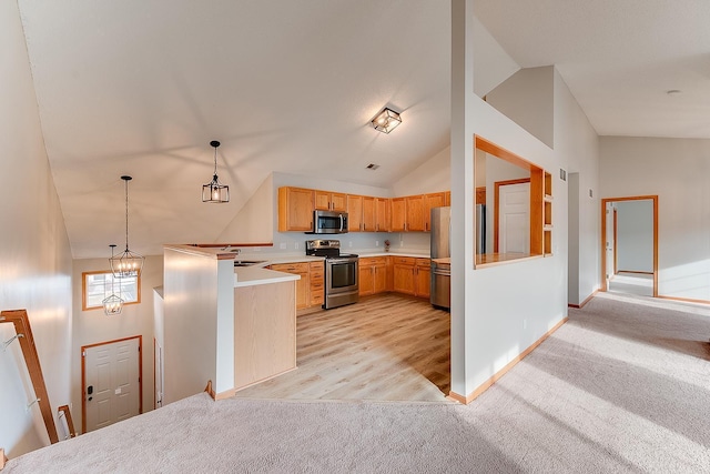 7539 Derby Ln, Shakopee, MN 55379 - kitchen featuring stainless steel appliances, light carpet, light countertops, baseboards, and decorative light fixtures