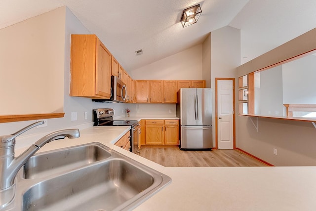 7539 Derby Ln, Shakopee, MN 55379 - kitchen featuring stainless steel appliances, a sink, light wood finished floors, lofted ceiling, and light countertops