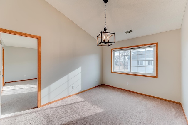 7539 Derby Ln, Shakopee, MN 55379 - carpeted empty room with a chandelier, baseboards, and lofted ceiling