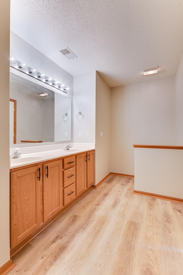 7539 Derby Ln, Shakopee, MN 55379 - bathroom featuring wood finished floors, double vanity, and a textured ceiling