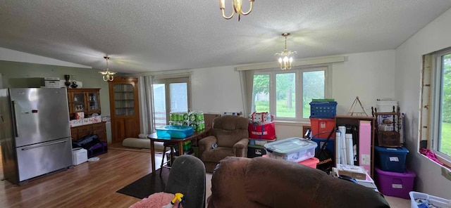 17548 749th Ave, Albert Lea Twp, MN 56007 - living room with a chandelier, wood finished floors, a textured ceiling, plenty of natural light, and vaulted ceiling