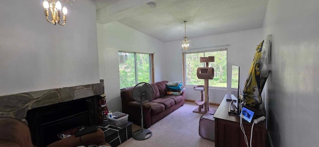 17548 749th Ave, Albert Lea Twp, MN 56007 - living area with carpet flooring, a chandelier, and a textured ceiling
