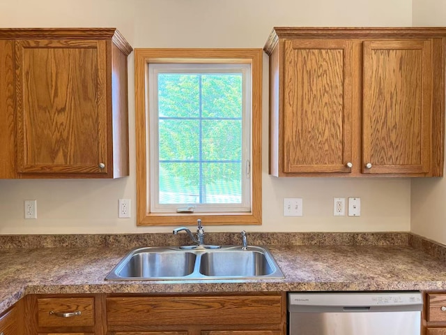 3100 212th St W, Farmington, MN 55024 - kitchen with dishwasher, a sink, brown cabinets, and dark countertops