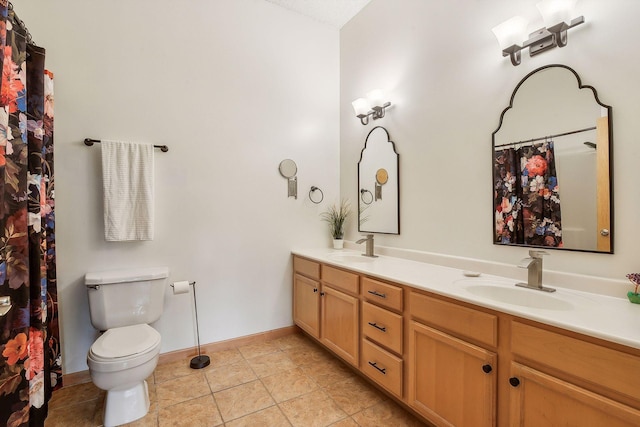 3310 Nicollet Ave Unit 302, Minneapolis, MN 55408 - bathroom featuring double vanity, toilet, baseboards, a shower with curtain, and tile patterned floors