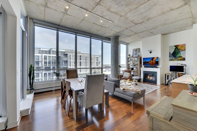 901 2nd St Unit 905, Minneapolis, MN 55415 - dining space featuring healthy amount of natural light, track lighting, expansive windows, dark wood-style flooring, and a glass covered fireplace