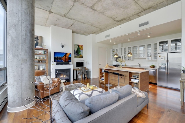901 2nd St Unit 905, Minneapolis, MN 55415 - living area with wood finished floors, a glass covered fireplace, and rail lighting