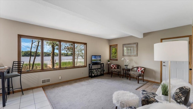 9803 287th Ave NW, Zimmerman, MN 55398 - sitting room featuring baseboards, beamed ceiling, and light tile patterned floors