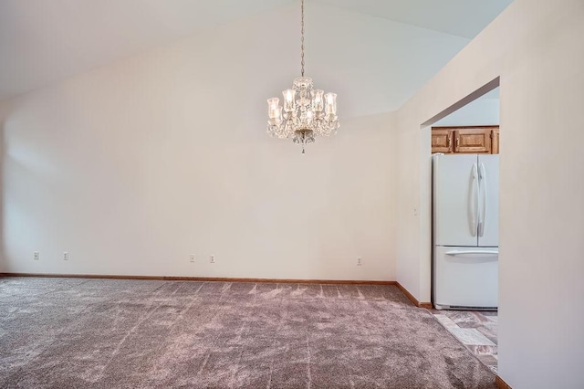 1584 126th Ln NW, Coon Rapids, MN 55448 - unfurnished dining area with light carpet, a chandelier, and lofted ceiling