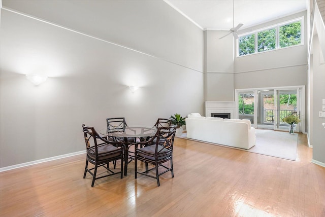5555 70th St, Edina, MN 55439 - dining room with a fireplace, a high ceiling, healthy amount of natural light, wood finished floors, and baseboards