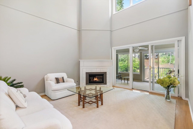 5555 70th St, Edina, MN 55439 - living area with wood finished floors, a tiled fireplace, plenty of natural light, a high ceiling, and a ceiling fan
