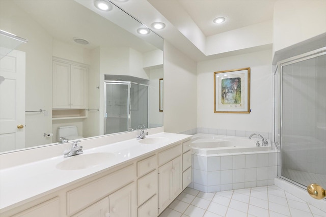 5555 70th St, Edina, MN 55439 - full bath with a shower stall, a bath, tile patterned flooring, and double vanity