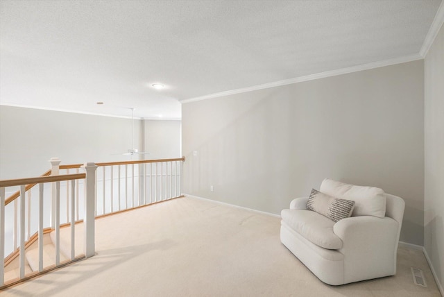 5555 70th St, Edina, MN 55439 - living area featuring crown molding, carpet floors, a ceiling fan, and baseboards