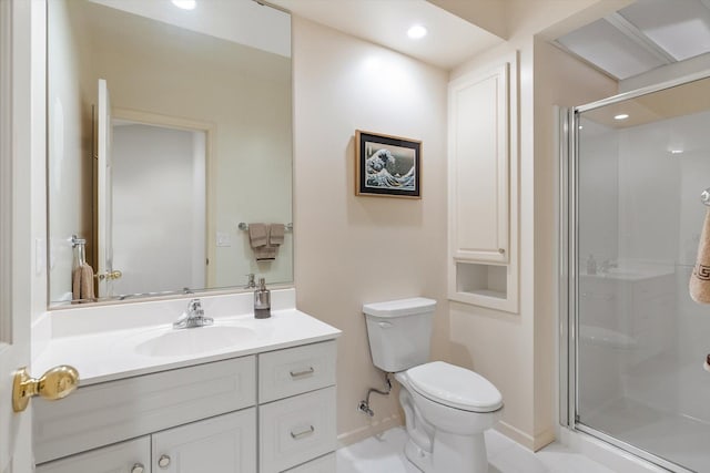 5555 70th St, Edina, MN 55439 - full bathroom featuring vanity, toilet, a shower stall, baseboards, and recessed lighting