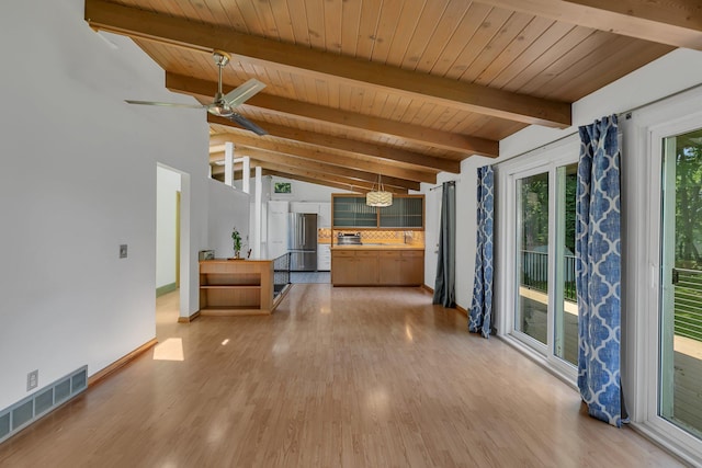 309 Riverview Dr, Monticello, MN 55362 - kitchen featuring freestanding refrigerator, wooden ceiling, light wood-type flooring, baseboards, and wood counters
