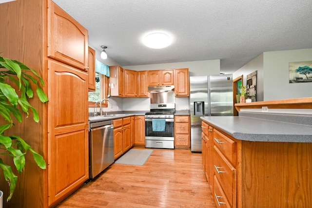 15607 93rd Cir NE, Otsego, MN 55330 - kitchen featuring stainless steel appliances, under cabinet range hood, a sink, light wood-style flooring, and a textured ceiling