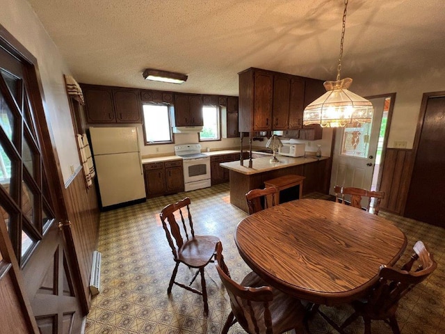 4365 40th St SW, Marysville Twp, MN 55390 - kitchen featuring white appliances, under cabinet range hood, a peninsula, light countertops, and dark brown cabinetry