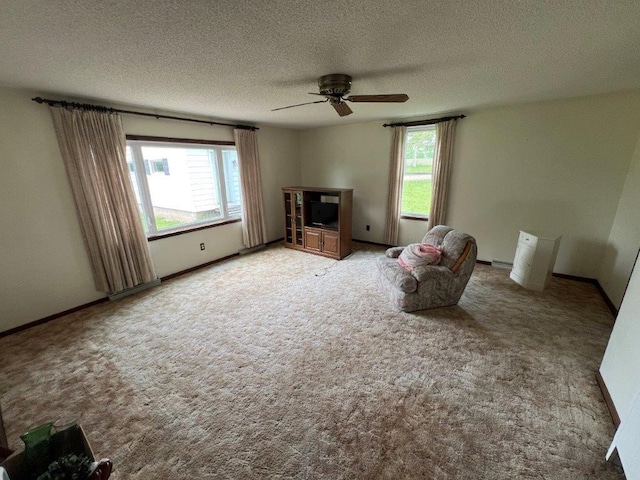 4365 40th St SW, Marysville Twp, MN 55390 - living room featuring a ceiling fan, a textured ceiling, light carpet, and baseboards