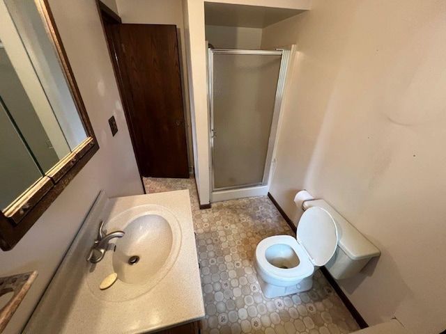 4365 40th St SW, Marysville Twp, MN 55390 - full bathroom featuring a stall shower, vanity, and toilet