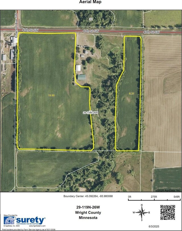 4365 40th St SW, Marysville Twp, MN 55390 - aerial view of property's location with property parcel outlined