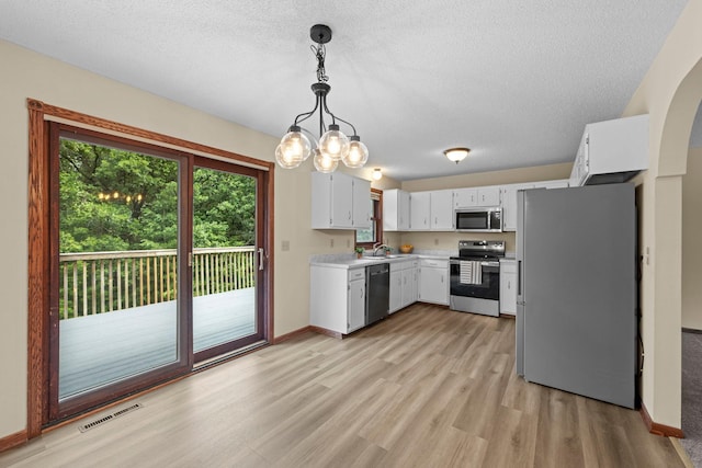 24345 165th St NW, Orrock Twp, MN 55309 - kitchen with stainless steel appliances, light countertops, light wood-style floors, a textured ceiling, and hanging light fixtures