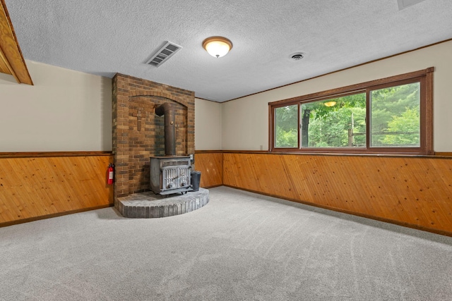 24345 165th St NW, Orrock Twp, MN 55309 - unfurnished living room featuring wooden walls, wainscoting, a wood stove, carpet flooring, and a textured ceiling