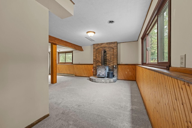 24345 165th St NW, Orrock Twp, MN 55309 - unfurnished living room with a wood stove, wooden walls, wainscoting, carpet flooring, and a textured ceiling