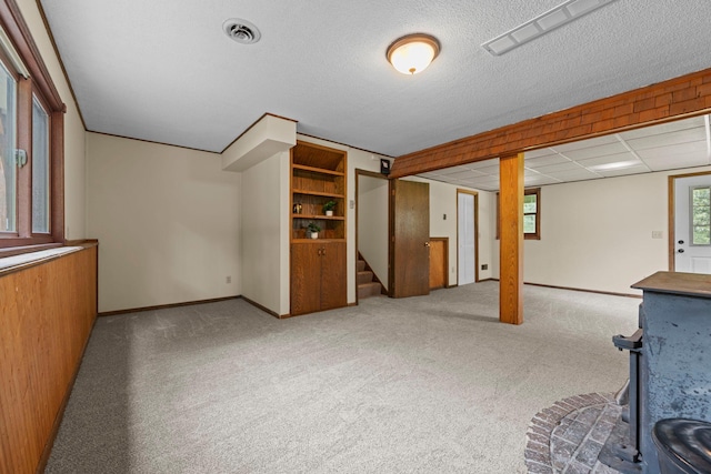 24345 165th St NW, Orrock Twp, MN 55309 - basement featuring a wood stove, stairway, and carpet