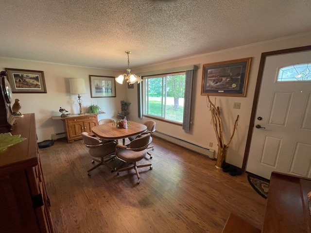 718 22nd St NW, Bemidji, MN 56601 - dining area with baseboard heating, crown molding, a textured ceiling, a chandelier, and wood finished floors