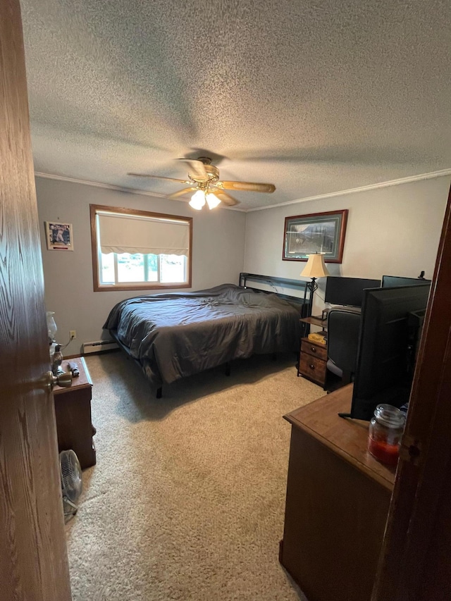 718 22nd St NW, Bemidji, MN 56601 - bedroom with a textured ceiling, ornamental molding, carpet floors, a ceiling fan, and a baseboard radiator